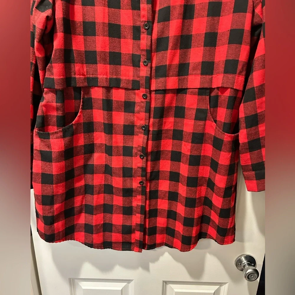 Red and Black Plaid Button-Up Boyfriend Flannel Tunic Length - Picture 7 of 16